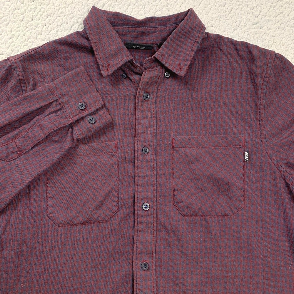 Vans Button Down Shirt Womens Small Burgundy Plaid Cropped Long Sleeve Flannel - Picture 2 of 8